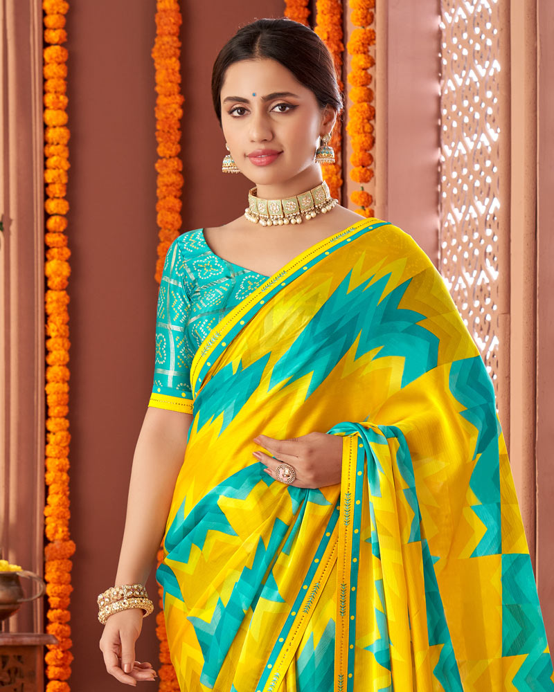 Vishal Prints Dark Yellow Printed Fancy Chiffon Saree With Border