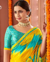 Vishal Prints Dark Yellow Printed Fancy Chiffon Saree With Border