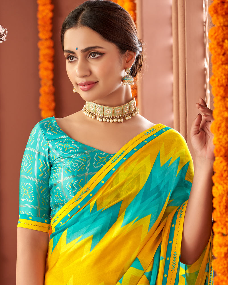 Vishal Prints Dark Yellow Printed Fancy Chiffon Saree With Border