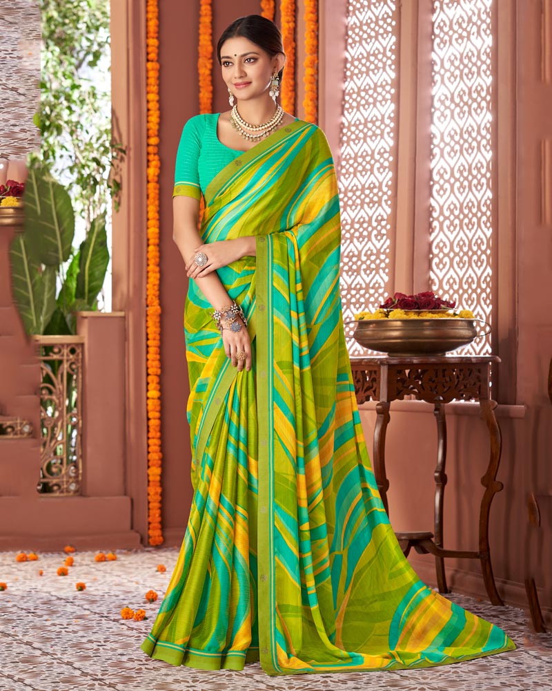 Vishal Prints Aqua Green Printed Fancy Chiffon Saree With Border