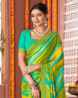 Vishal Prints Aqua Green Printed Fancy Chiffon Saree With Border