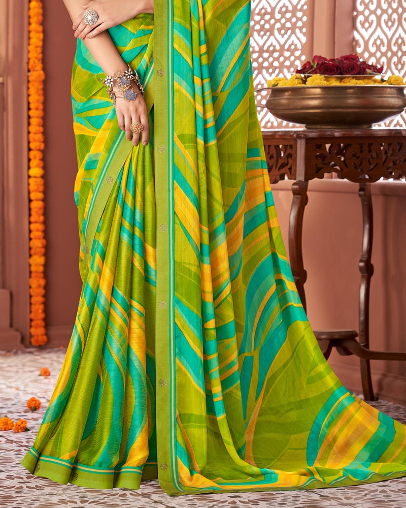 Vishal Prints Aqua Green Printed Fancy Chiffon Saree With Border
