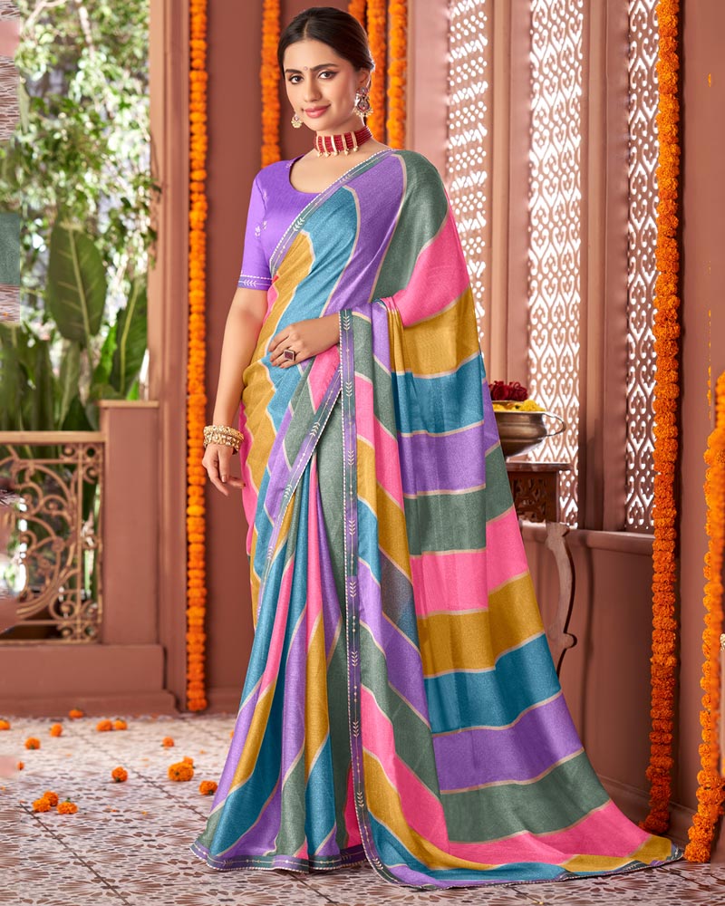 Vishal Prints Multi Color Printed Fancy Chiffon Saree With Border