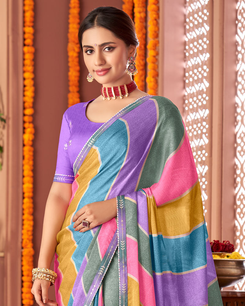 Vishal Prints Multi Color Printed Fancy Chiffon Saree With Border
