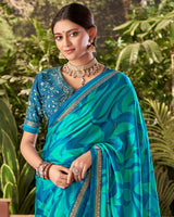 Vishal Prints Peacock Blue Printed Fancy Chiffon Saree With Border