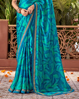 Vishal Prints Peacock Blue Printed Fancy Chiffon Saree With Border