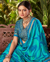 Vishal Prints Peacock Blue Printed Fancy Chiffon Saree With Border