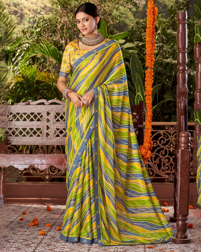 Vishal Prints Olive Green Printed Fancy Chiffon Saree With Border