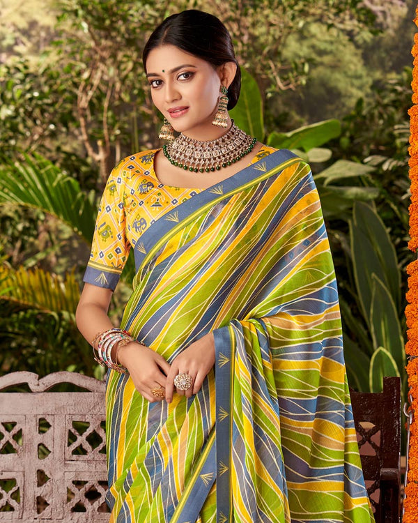 Vishal Prints Olive Green Printed Fancy Chiffon Saree With Border