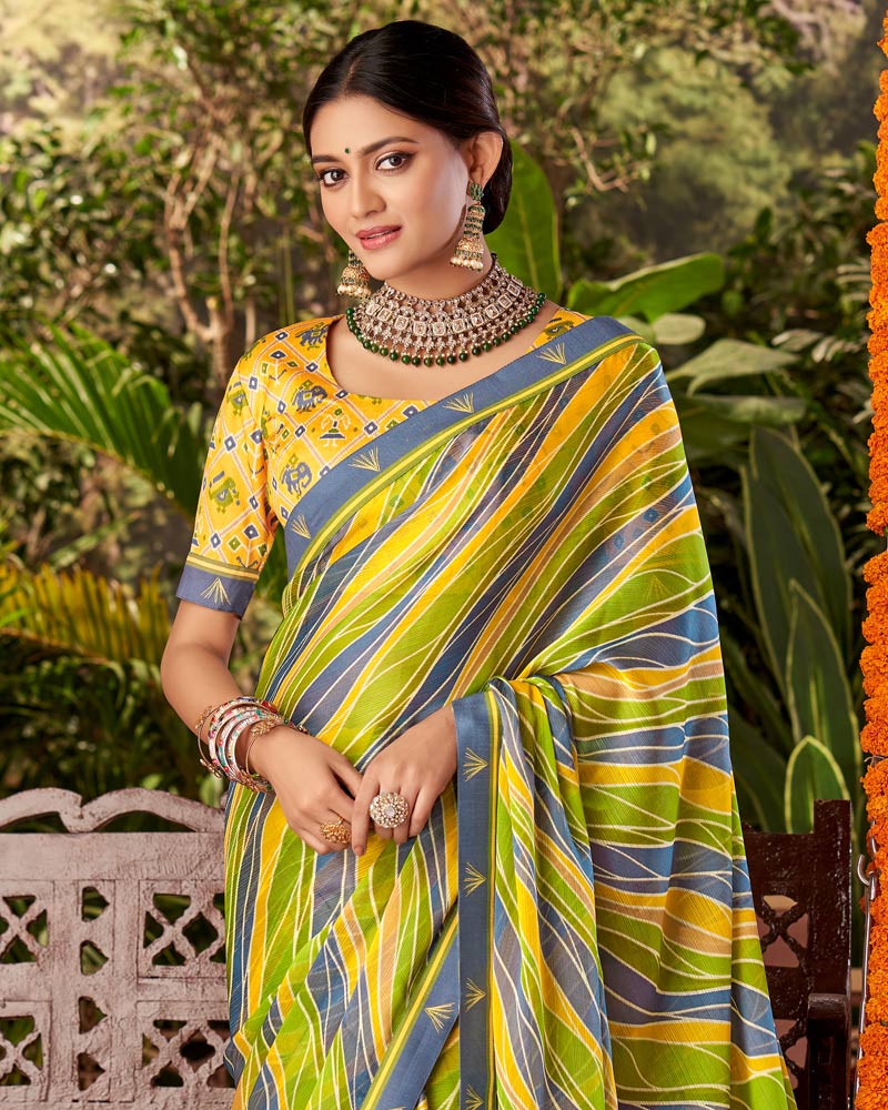 Vishal Prints Olive Green Printed Fancy Chiffon Saree With Border