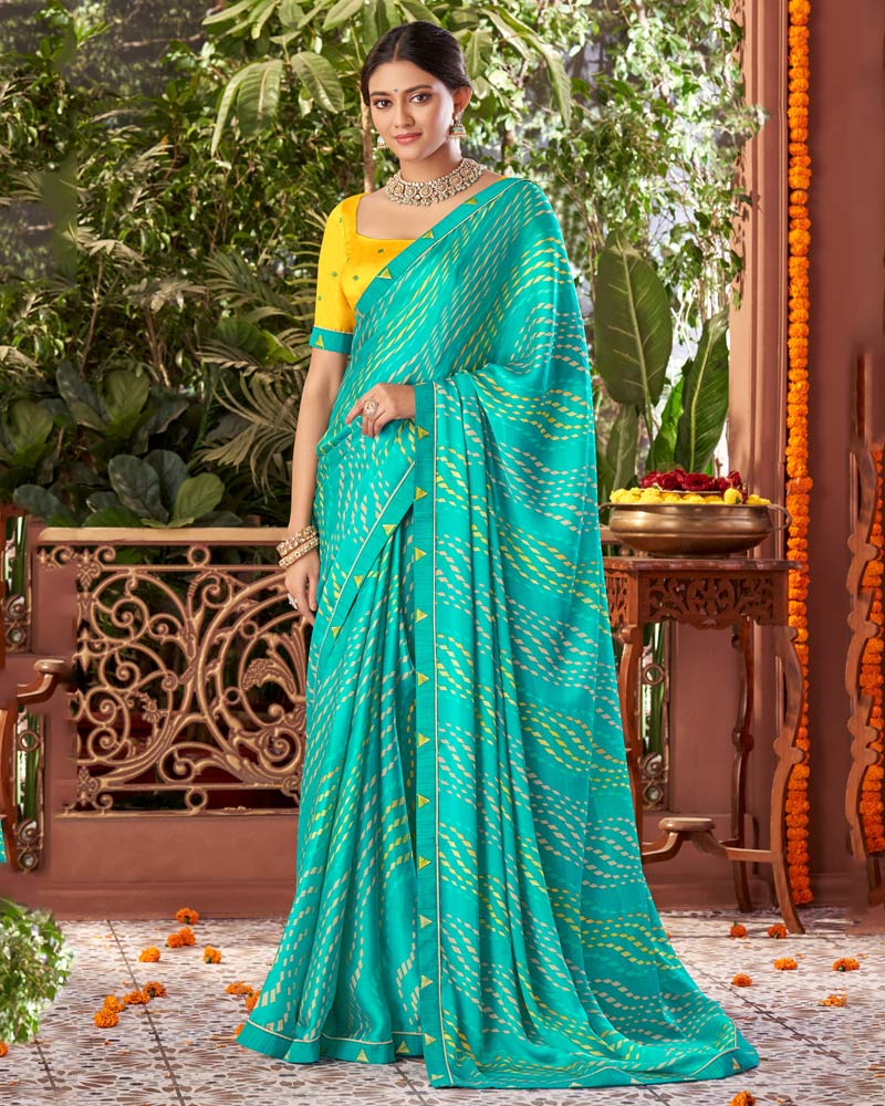 Vishal Prints Teal Green Printed Fancy Chiffon Saree With Border