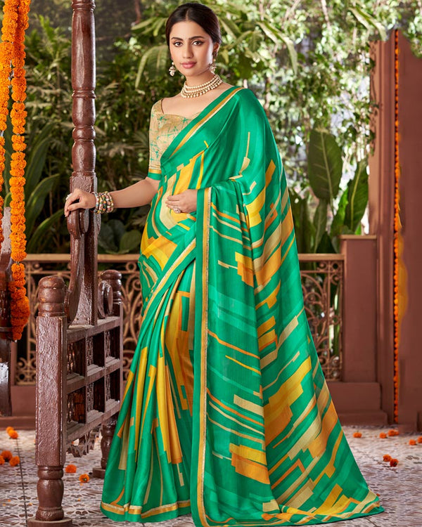 Vishal Prints Dark Sea Green Printed Fancy Chiffon Saree With Border