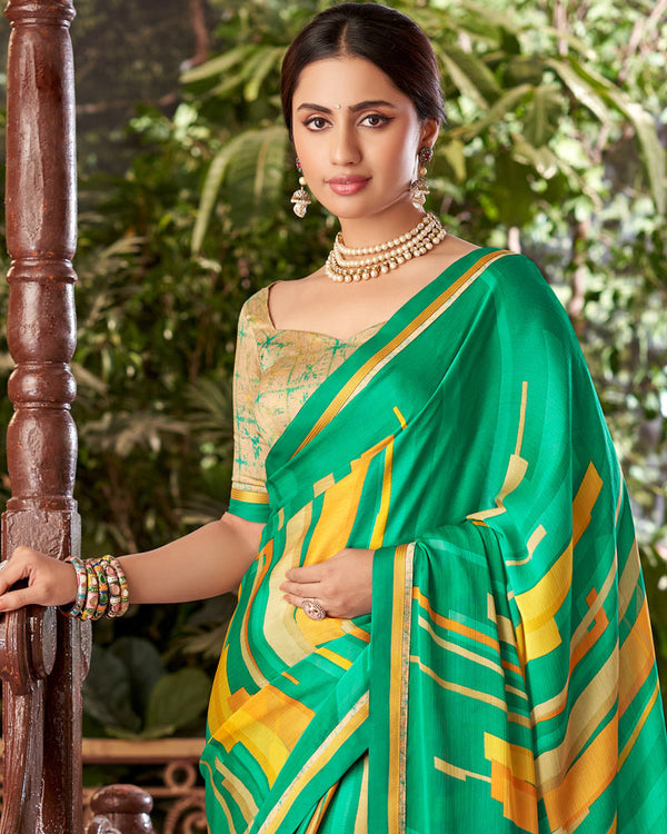 Vishal Prints Dark Sea Green Printed Fancy Chiffon Saree With Border