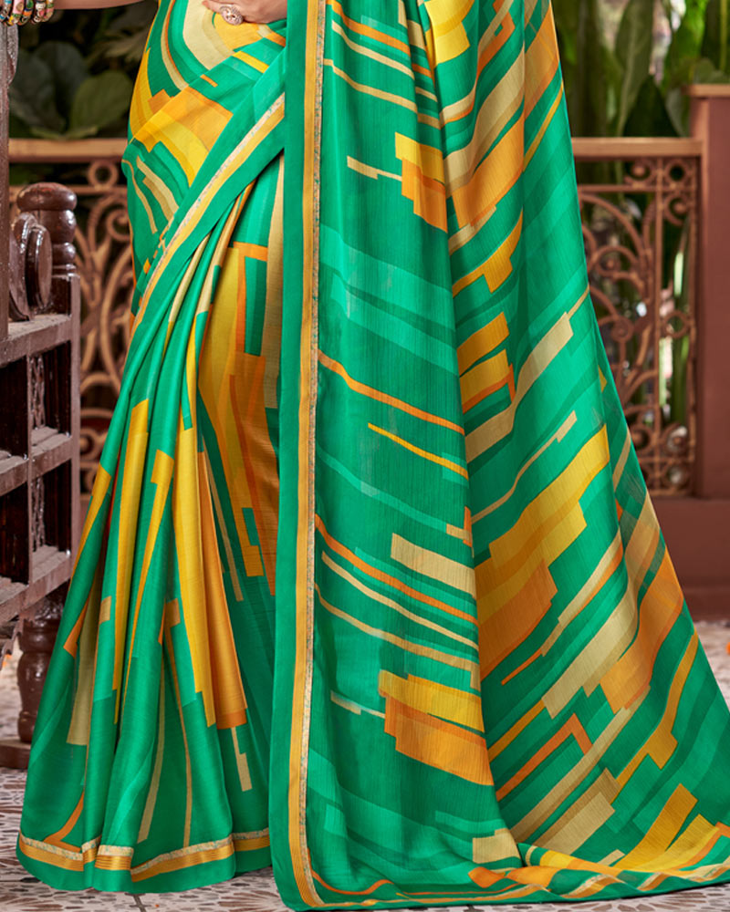 Vishal Prints Dark Sea Green Printed Fancy Chiffon Saree With Border