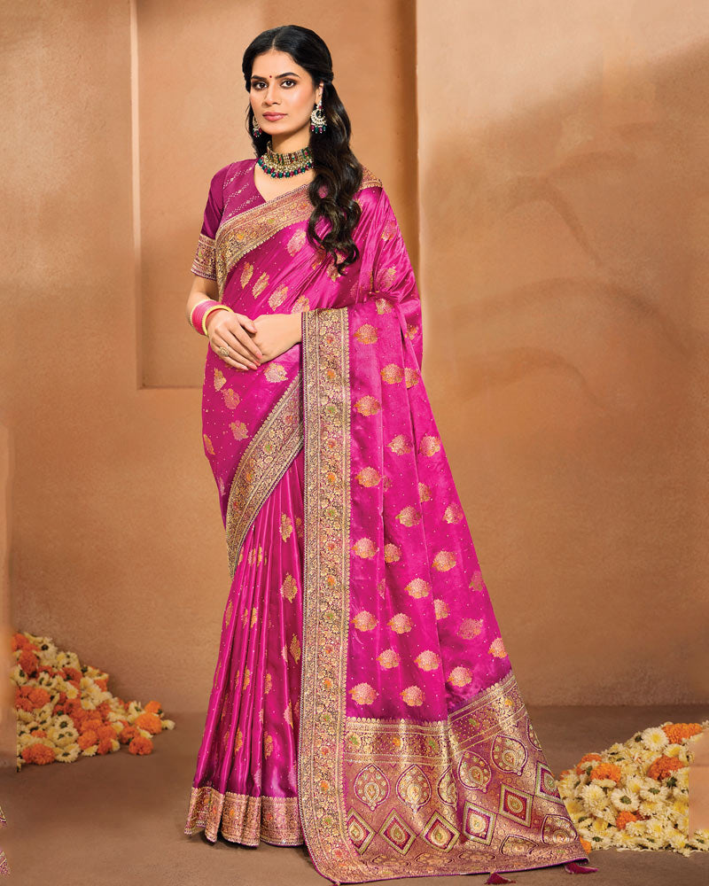 Vishal Prints Dark Hot Pink Designer Satin-Dola Saree With Diamond Work, Core Piping And Tassel