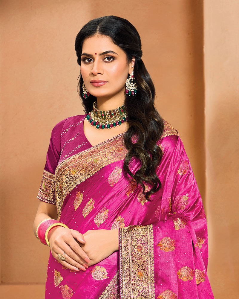 Vishal Prints Dark Hot Pink Designer Satin-Dola Saree With Diamond Work, Core Piping And Tassel