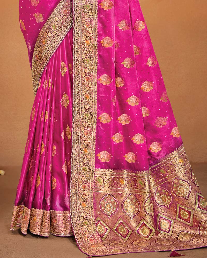 Vishal Prints Dark Hot Pink Designer Satin-Dola Saree With Diamond Work, Core Piping And Tassel