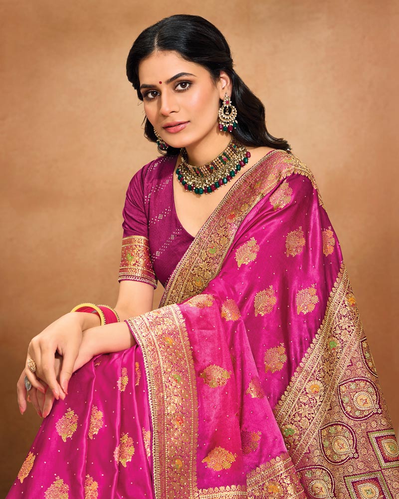 Vishal Prints Dark Hot Pink Designer Satin-Dola Saree With Diamond Work, Core Piping And Tassel