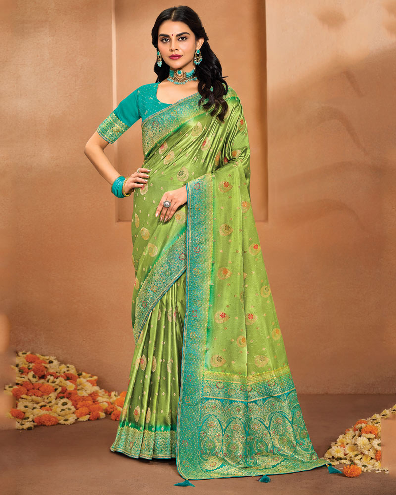 Vishal Prints Avocado Green Designer Satin-Dola Saree With Diamond Work, Core Piping And Tassel