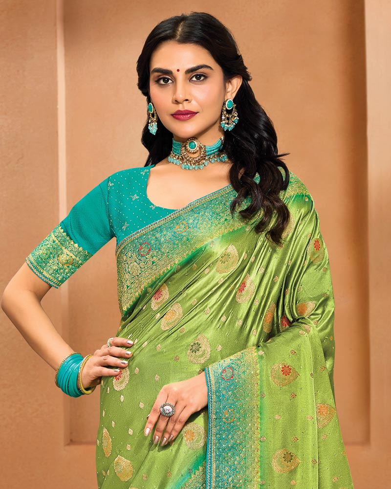 Vishal Prints Avocado Green Designer Satin-Dola Saree With Diamond Work, Core Piping And Tassel