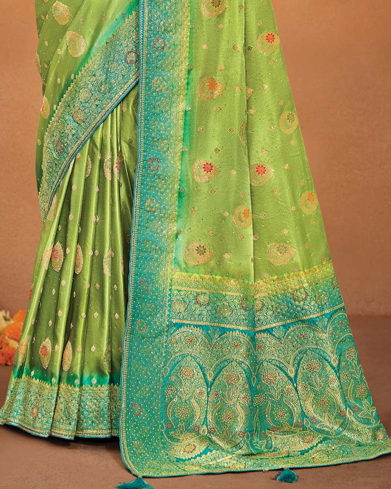 Vishal Prints Avocado Green Designer Satin-Dola Saree With Diamond Work, Core Piping And Tassel