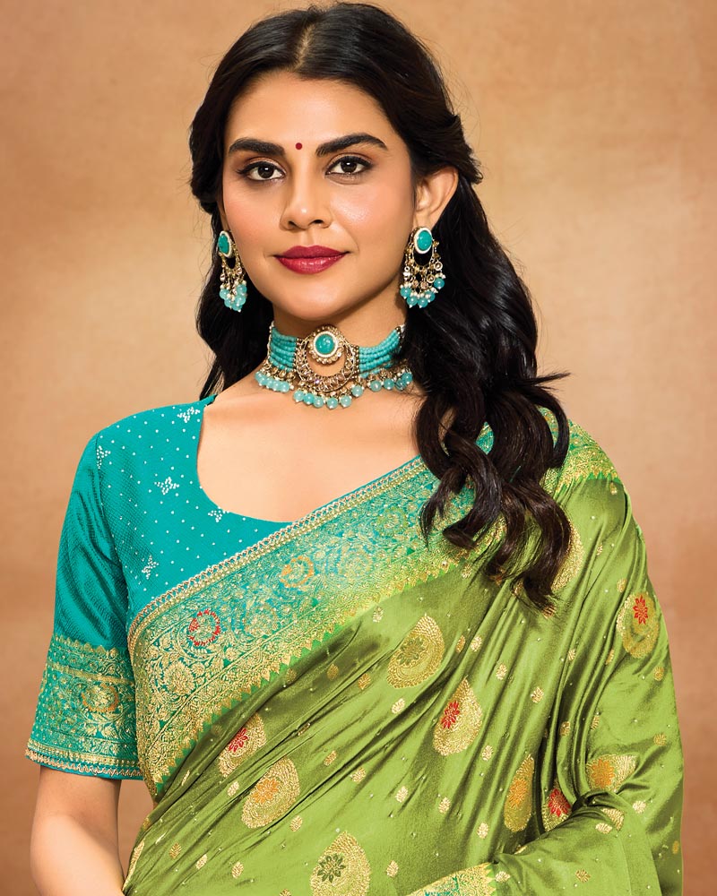 Vishal Prints Avocado Green Designer Satin-Dola Saree With Diamond Work, Core Piping And Tassel