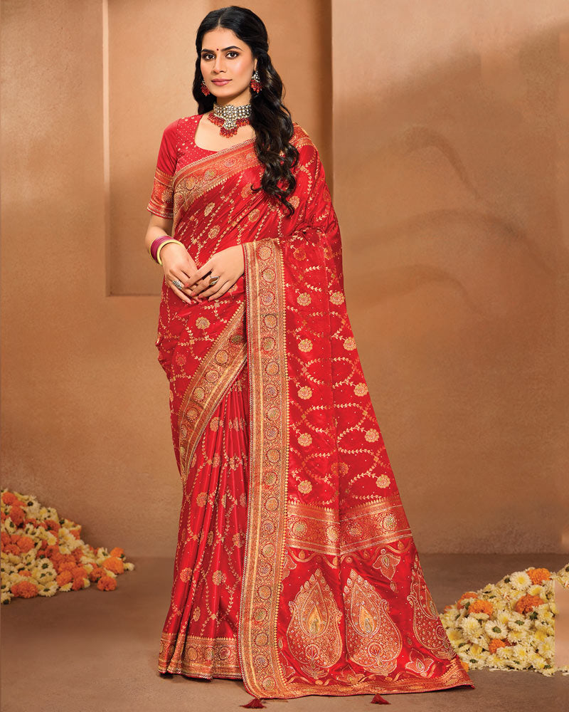 Vishal Prints Cardinal Red Designer Satin-Dola Saree With Diamond Work, Core Piping And Tassel