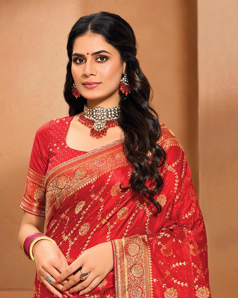 Vishal Prints Cardinal Red Designer Satin-Dola Saree With Diamond Work, Core Piping And Tassel