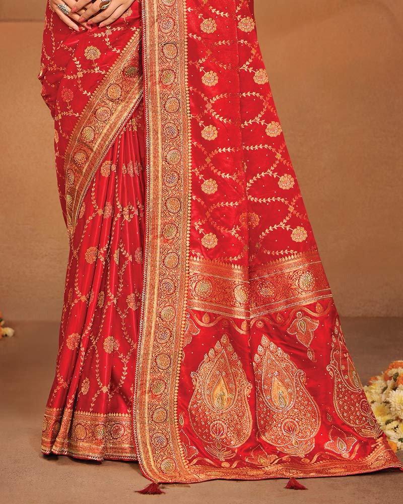 Vishal Prints Cardinal Red Designer Satin-Dola Saree With Diamond Work, Core Piping And Tassel