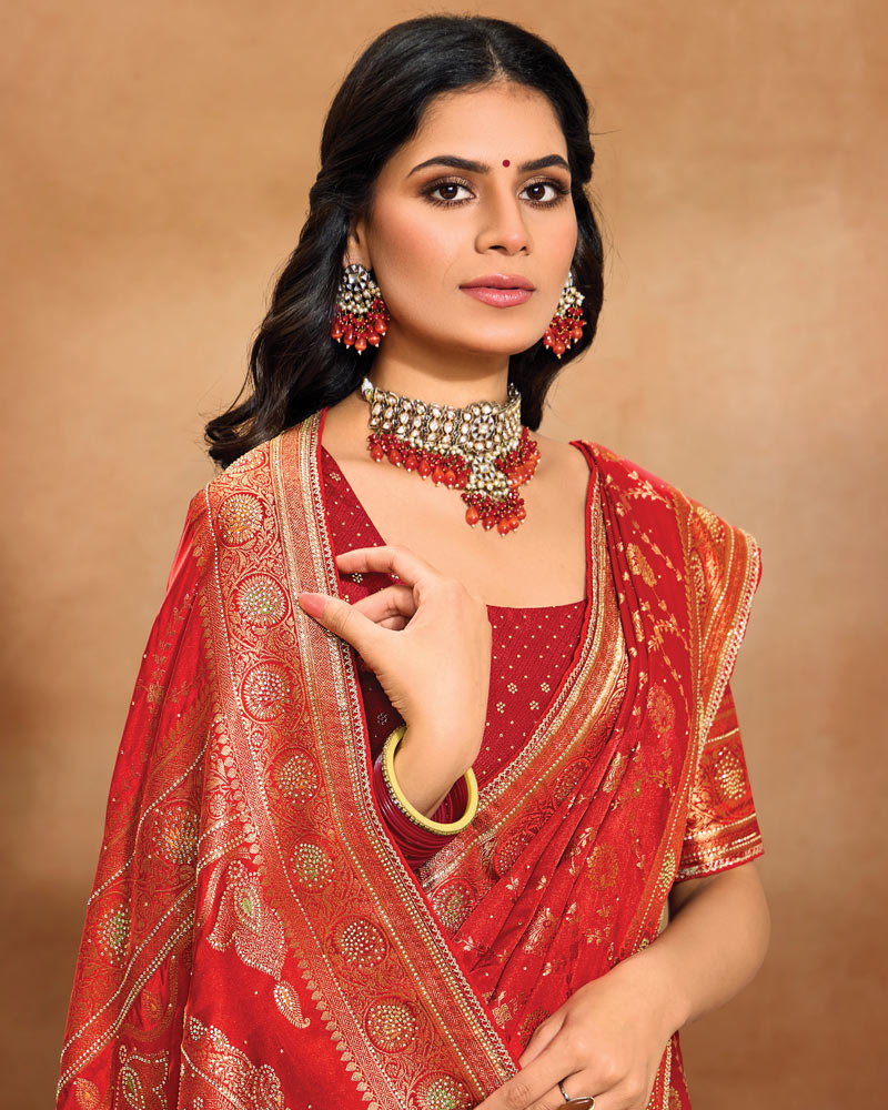 Vishal Prints Cardinal Red Designer Satin-Dola Saree With Diamond Work, Core Piping And Tassel