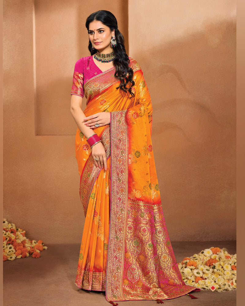 Vishal Prints Sunshine Orange Designer Satin-Dola Saree With Diamond Work, Core Piping And Tassel