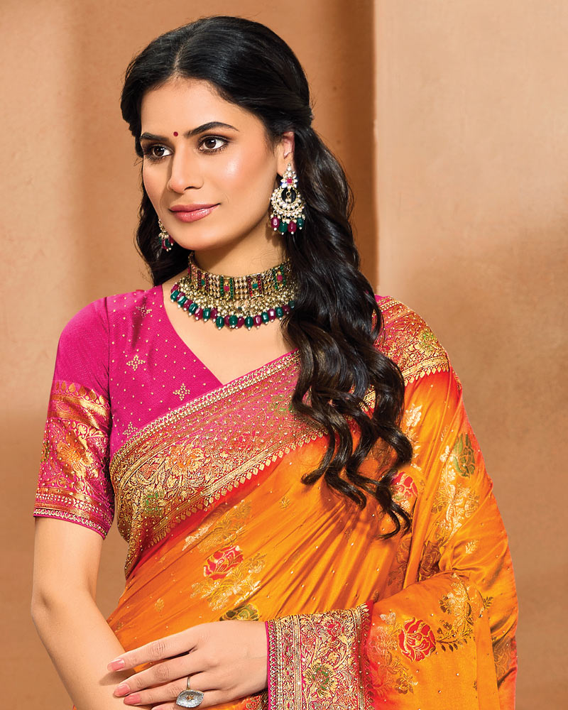 Vishal Prints Sunshine Orange Designer Satin-Dola Saree With Diamond Work, Core Piping And Tassel