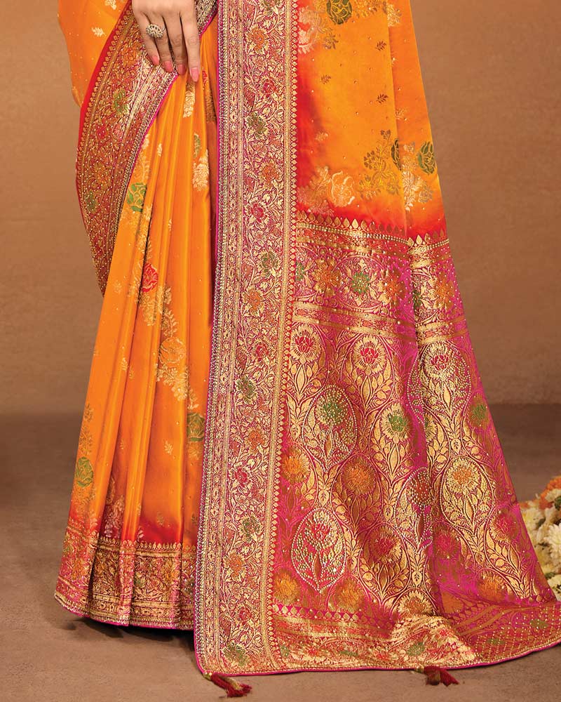 Vishal Prints Sunshine Orange Designer Satin-Dola Saree With Diamond Work, Core Piping And Tassel