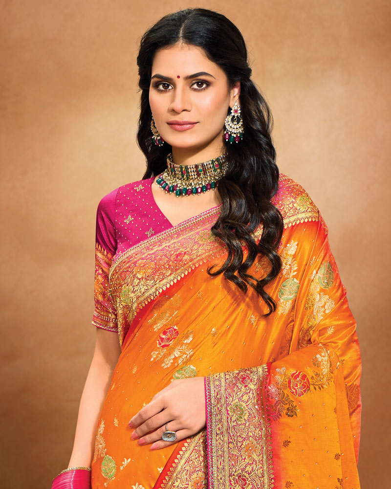 Vishal Prints Sunshine Orange Designer Satin-Dola Saree With Diamond Work, Core Piping And Tassel