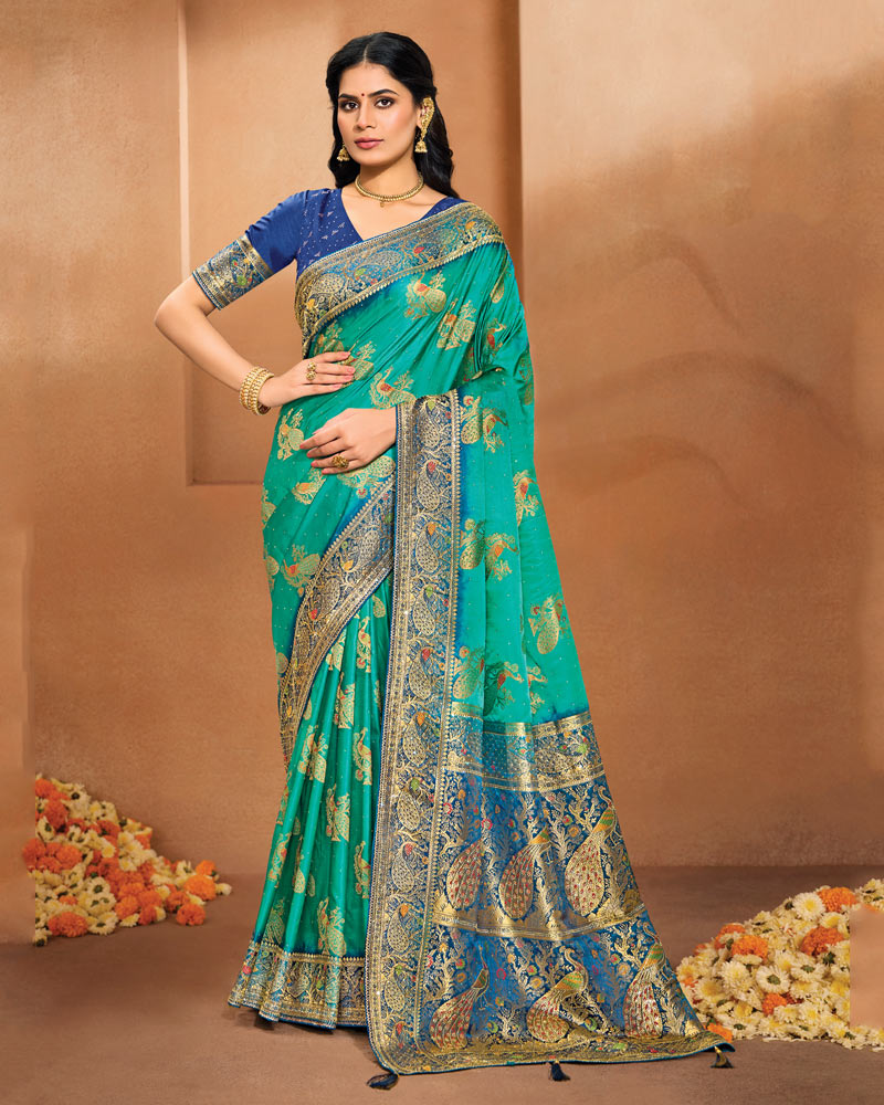Vishal Prints Persian Green Designer Satin-Dola Saree With Diamond Work, Core Piping And Tassel