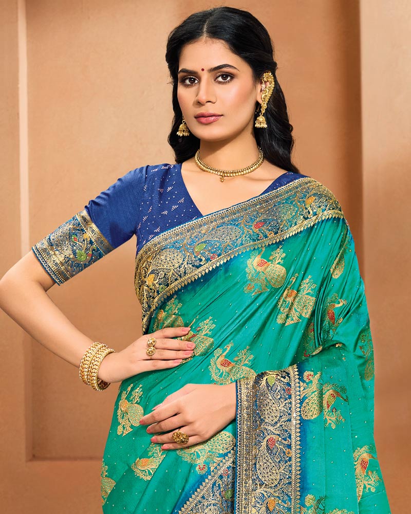 Vishal Prints Persian Green Designer Satin-Dola Saree With Diamond Work, Core Piping And Tassel