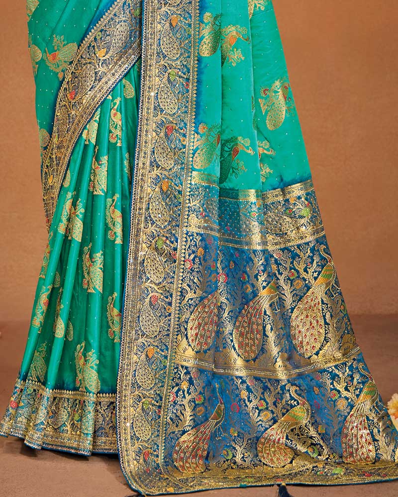 Vishal Prints Persian Green Designer Satin-Dola Saree With Diamond Work, Core Piping And Tassel