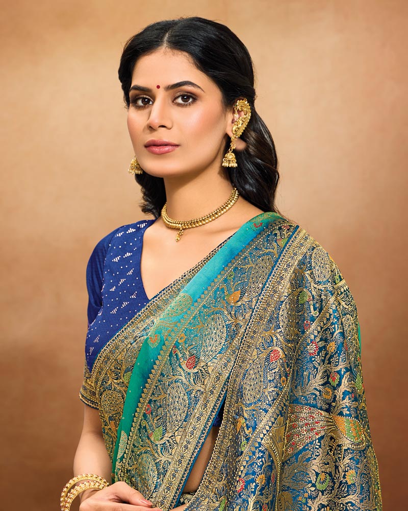 Vishal Prints Persian Green Designer Satin-Dola Saree With Diamond Work, Core Piping And Tassel