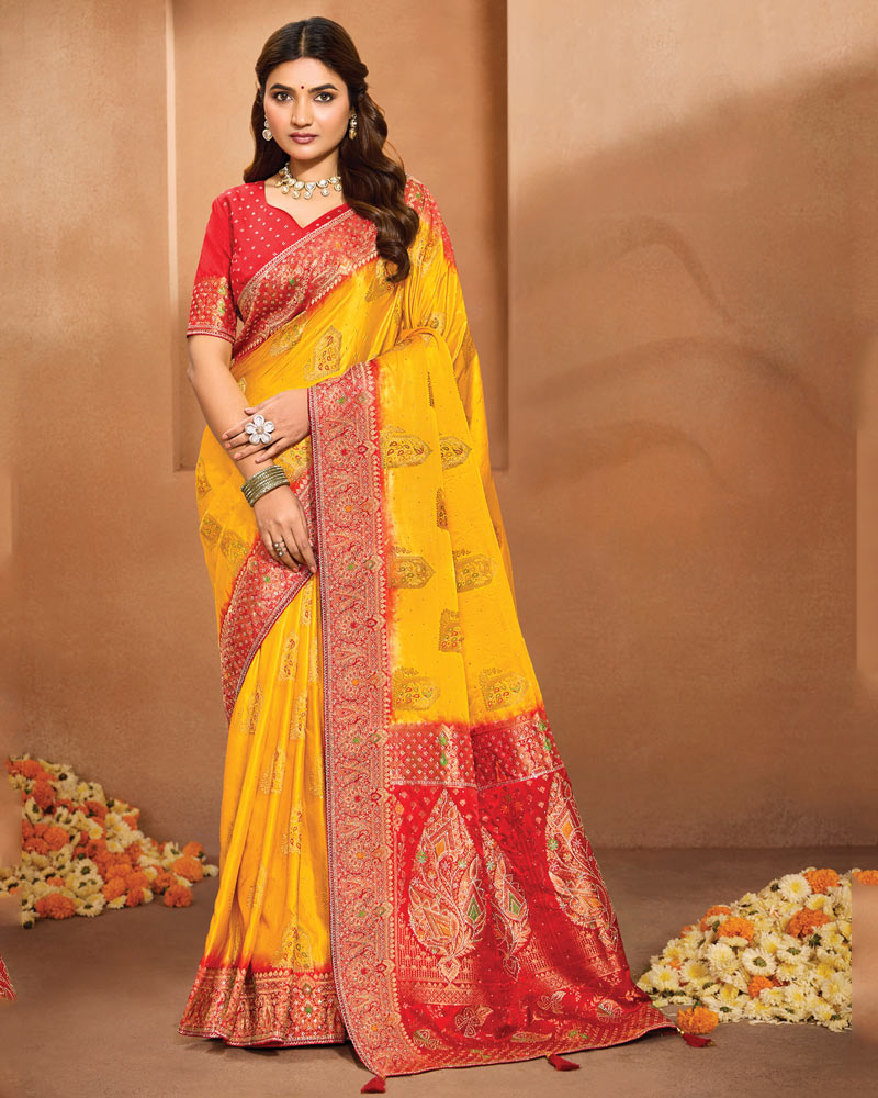 Vishal Prints Golden Yellow Designer Satin-Dola Saree With Diamond Work, Core Piping And Tassel