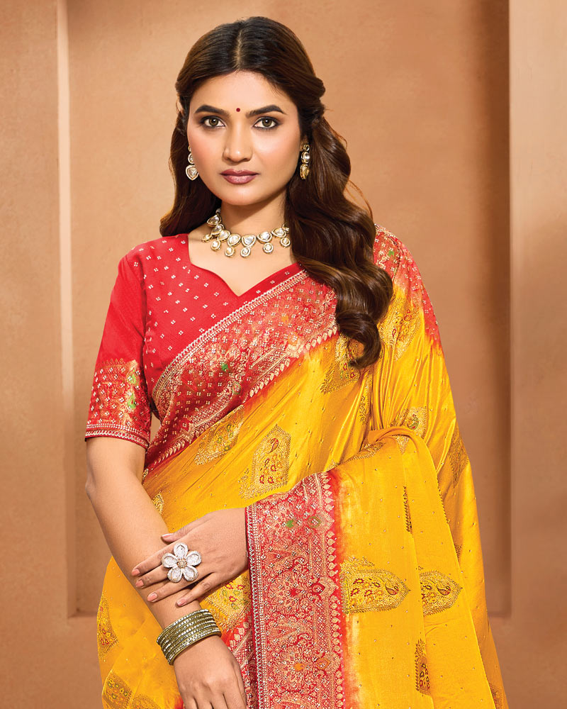 Vishal Prints Golden Yellow Designer Satin-Dola Saree With Diamond Work, Core Piping And Tassel