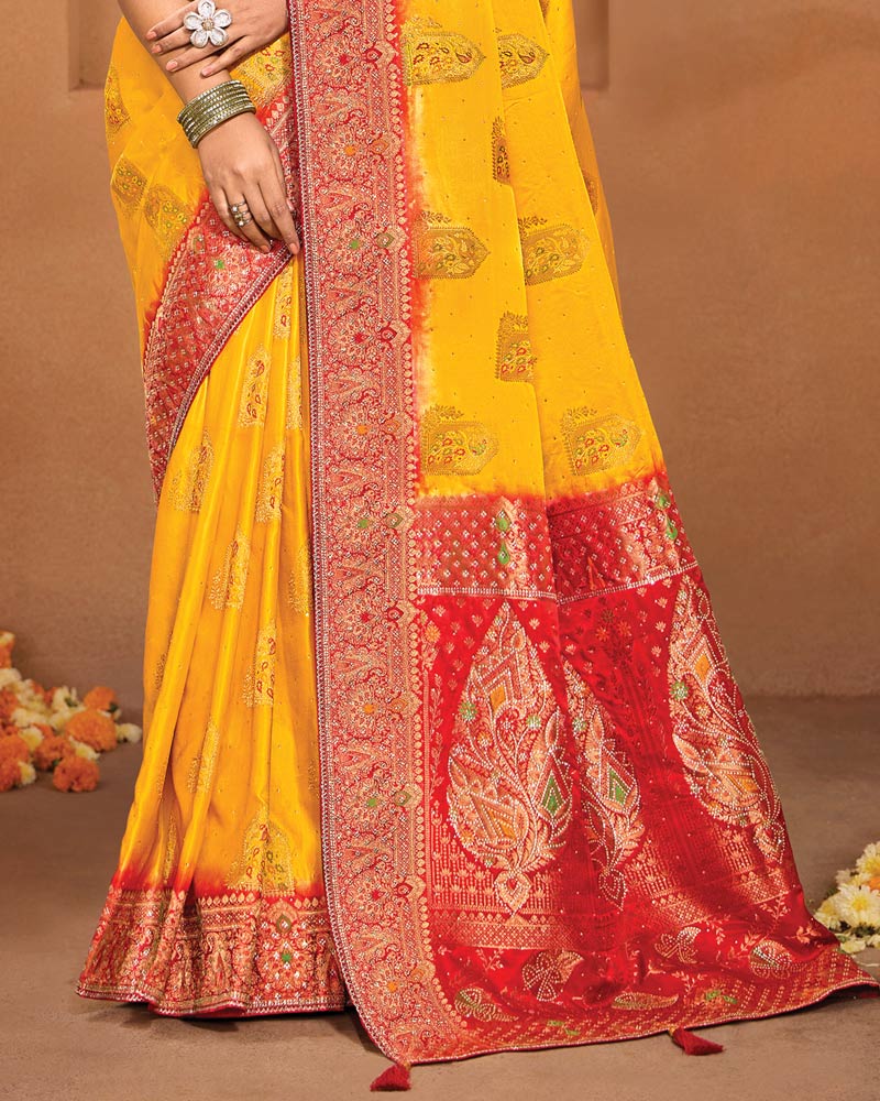 Vishal Prints Golden Yellow Designer Satin-Dola Saree With Diamond Work, Core Piping And Tassel