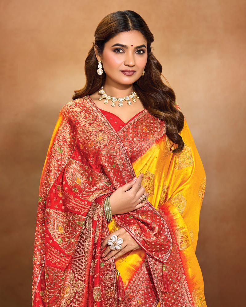 Vishal Prints Golden Yellow Designer Satin-Dola Saree With Diamond Work, Core Piping And Tassel