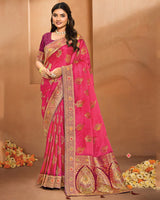 Vishal Prints Amaranth Pink Designer Satin-Dola Saree With Diamond Work, Core Piping And Tassel