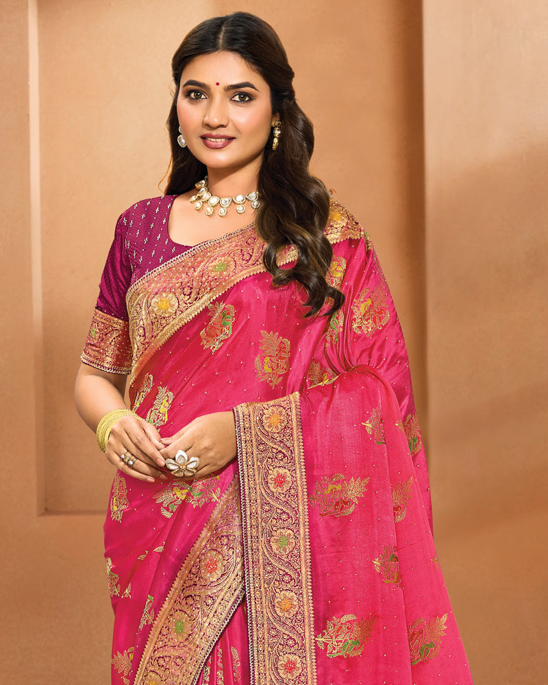 Vishal Prints Amaranth Pink Designer Satin-Dola Saree With Diamond Work, Core Piping And Tassel