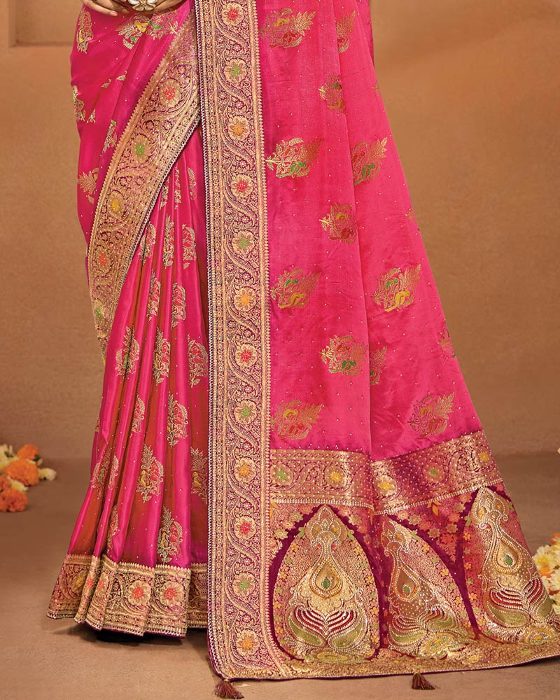 Vishal Prints Amaranth Pink Designer Satin-Dola Saree With Diamond Work, Core Piping And Tassel