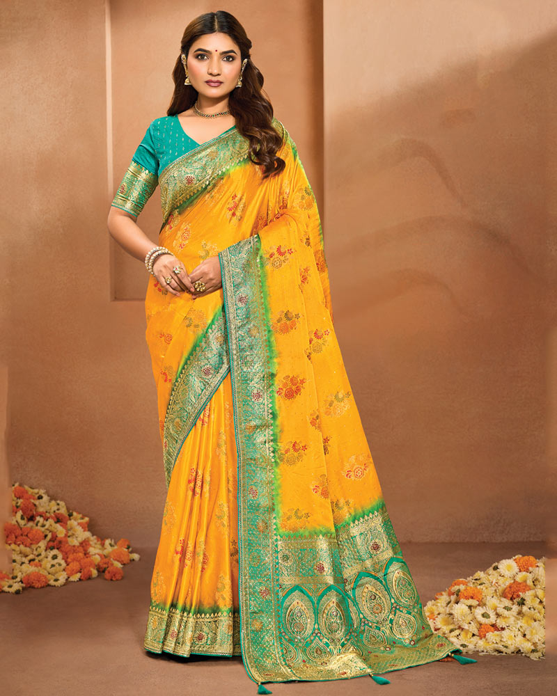 Vishal Prints Dark Yellow Designer Satin-Dola Saree With Diamond Work, Core Piping And Tassel