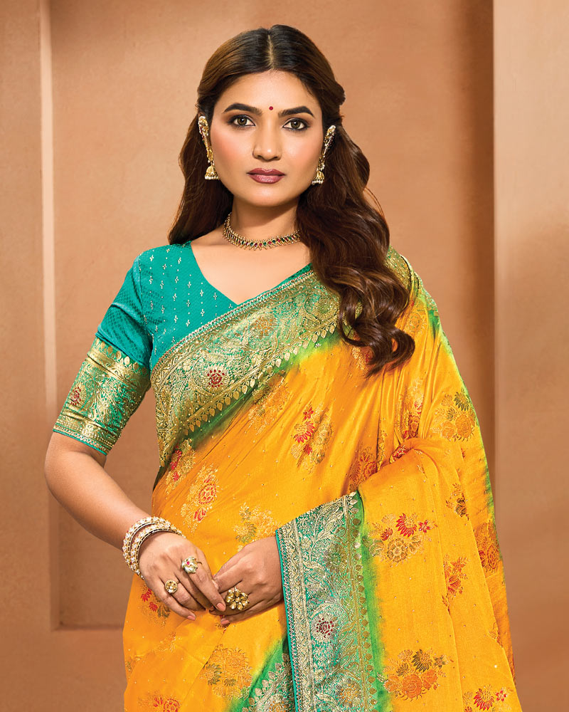 Vishal Prints Dark Yellow Designer Satin-Dola Saree With Diamond Work, Core Piping And Tassel