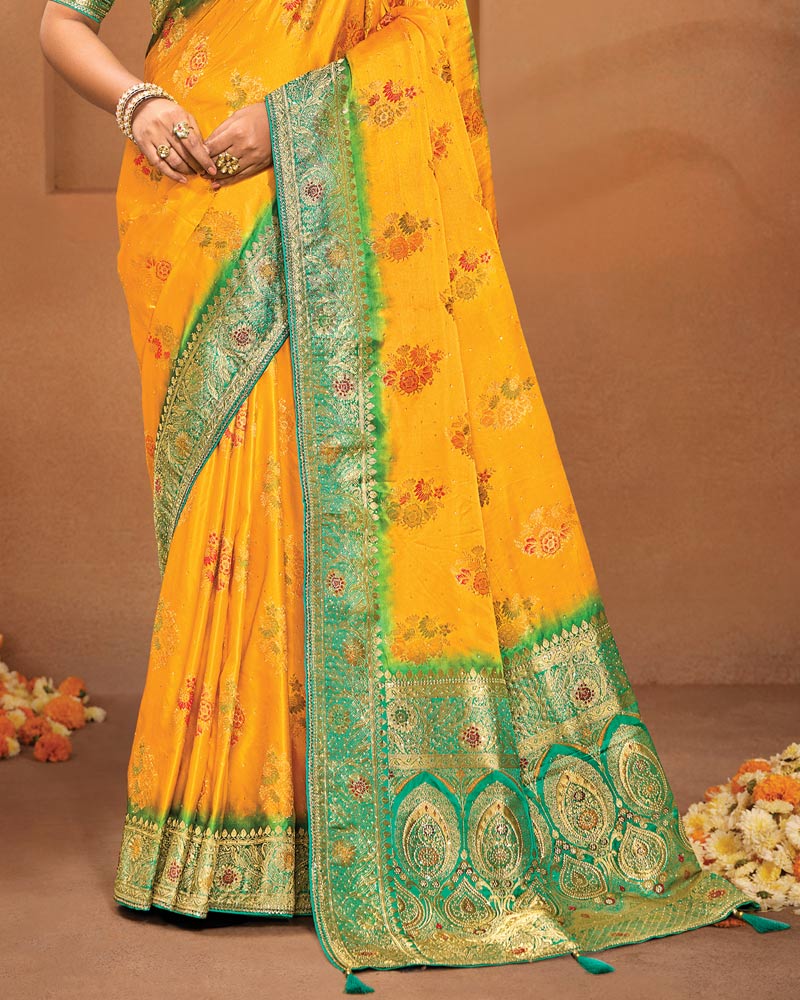 Vishal Prints Dark Yellow Designer Satin-Dola Saree With Diamond Work, Core Piping And Tassel