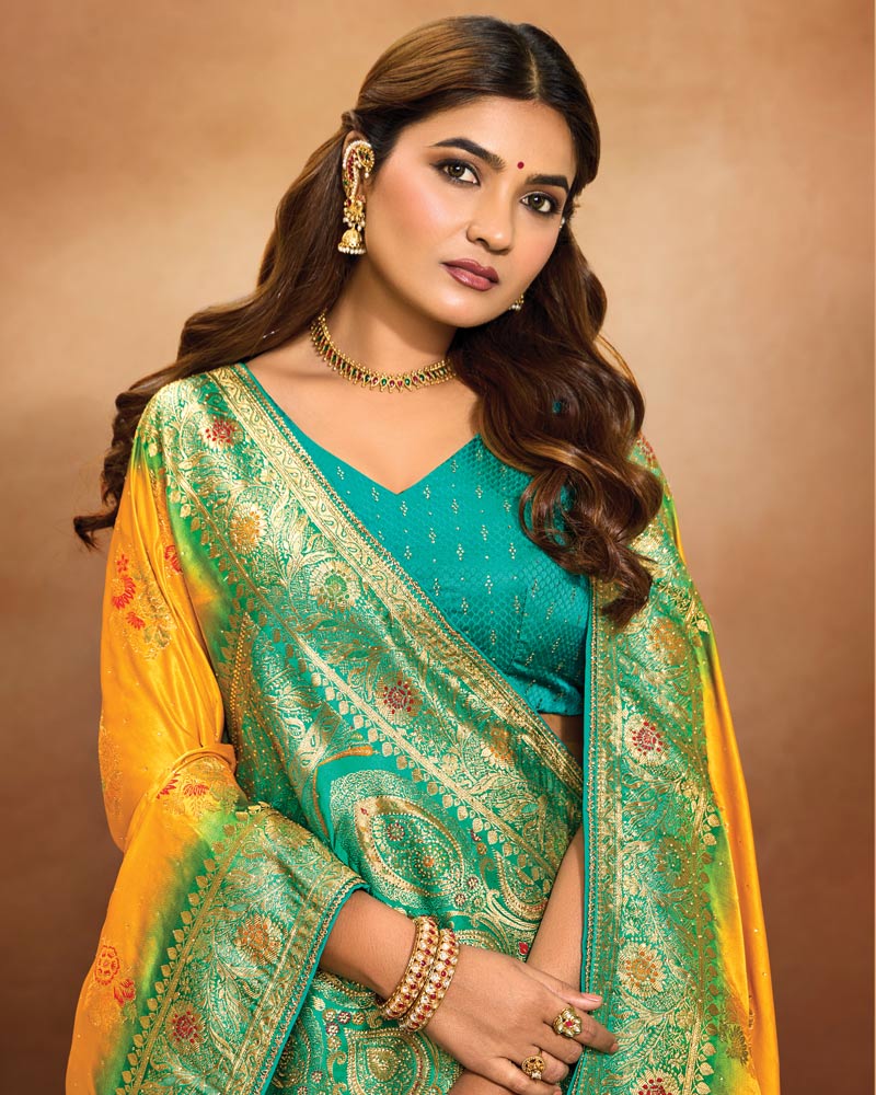Vishal Prints Dark Yellow Designer Satin-Dola Saree With Diamond Work, Core Piping And Tassel
