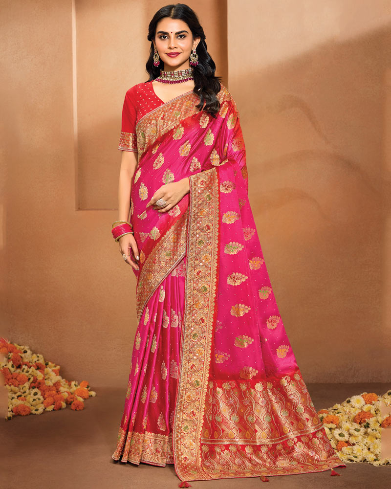 Vishal Prints Deep Cerise Pink Designer Satin-Dola Saree With Diamond Work, Core Piping And Tassel